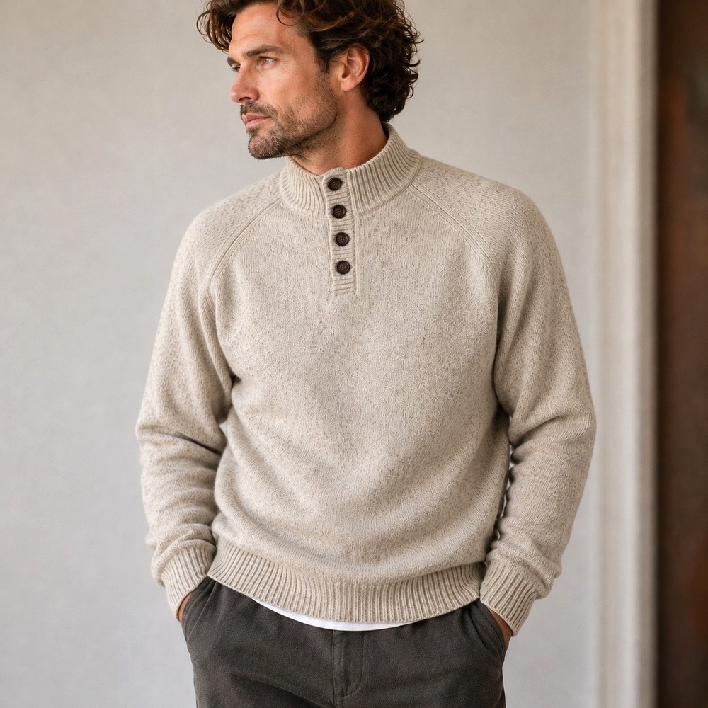 Springfield Wool Sweater Pullover Mock Neck Mens L Quiet Luxury Beige Oatmeal